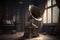 An old vintage gramophone in steampunk style stands in an almost empty room, some light falls through the window. Created with