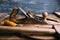 Old vintage hand tools on wooden background. Carpenter workplace.