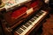Old vintage harmonium piano keyboard. Close up view