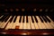 Old vintage harmonium piano keyboard. Close up view