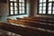 Old vintage historic church school with wooden brown tables 1