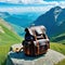 an old vintage leather backpack stands on a rock in the background you can see hiking and trekking