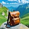 an old vintage leather backpack stands on a rock in the background you can see hiking and trekking