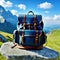 an old vintage leather backpack stands on a rock in the background you can see hiking and trekking