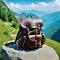 an old vintage leather backpack stands on a rock in the background you can see hiking and trekking