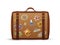 Old vintage leather suitcase with travel stickers, vector illustration