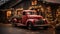 Old Vintage Pick-up Truck Carrying A Christmas Tree Parked Outside Festively Decorated Barn Shop. Generative AI