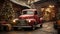 Old Vintage Pick-up Truck Parked Outside Festively Decorated Barn Shop. Generative AI