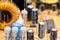 Old vintage printed circuit board with electronic components. Electronic Coil in the foreground. Closeup with shallow