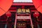 Old vintage red building facade of Songkhla city pillar shrine with Chinese lanterns at Nang