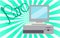 Old, vintage, retro, hipster, antique, disco, gray, bright, beautiful computer with floppy on a background of green gradient rays