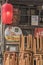 Old vintage retro japanese metal signs and red rice paper lantern where it is written \
