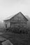 Old vintage sawn log cabin in the fog bw