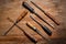 Old vintage screwdrivers and files of the last century extracted from the chest in the workshop of grandfather. Background for