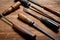 Old vintage screwdrivers and files of the last century extracted from the chest in the workshop of grandfather. Background for