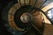 Old Vintage Spiral Staircase In Abandoned Mansion House. Top View