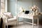 Old vintage white working desk next to window, room in vintage interior design