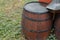 Old vintage wine barrel closeup. Texture of a wooden barrel