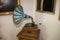 Old vinyl gramophone with blue horn Speaker