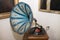 Old vinyl gramophone with blue horn Speaker