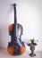 Old violin leaning against the wall near a flower vase with roses