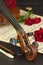 Old violin on wooden table. Detail of old violin. Invitation to the Violin Concerto. I love classical music. Sale of antique