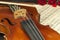 Old violin on wooden table. Detail of old violin. Invitation to the Violin Concerto. I love classical music. Sale of antique