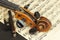 Old violin on wooden table. Detail of old violin. Invitation to the Violin Concerto. I love classical music. Sale of antique