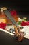 Old violin on wooden table. Detail of old violin. Invitation to the Violin Concerto. I love classical music. Sale of antique