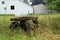 Old Wagon in Pasture with barn in background