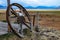 Old wagon wheel and sheep skull at Estancia ranch outpost in Patagonia, Argentina