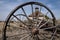 Old wagon whell at the Lower Shell School House, a converted in rural Bighorn County Wyoming