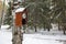 An old wall clock with cuckoo as a birdhouse in the winter park