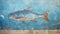 Old wall fresco of fish, cracked vintage mural of animal, ancient art