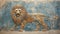 Old wall fresco of lion, cracked vintage Ancient painting of animal on blue background. Damaged artifact of Sumerian or Babylonian