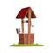 Old water well made of wood. Village well with a rope, a bucket and wooden elements. Colorful vector illustration