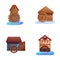 Old watermill icons set cartoon vector. Wooden structure uses river hydropower