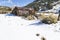 Old weathered Ghost Town buildings in the desert during winter with snow.