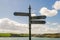 Old weathered sign with directions arrow to Fort Charles, Kinsale and Scilly walk. Cloudy sky in the background. County Cork,