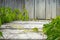 Old weathered wood boards stage, with vivid green virginia creeper vines.