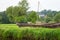 An old, weathered wooden boat rests ashore amidst lush greenery under an overcast sky in a serene rural setting.