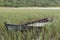 Old and weathered wooden boat wreck in the green reed outdoors during rainy weather.