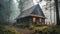 Old weathered wooden house with light in windows in the middle of spooky misty forrest