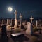 Old west cemetery with crosses and ancient tombstones. full moon at night