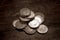 Old west gambling. Stack of silver coins bet
