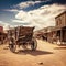 Old west wagon on a western town with dusty roads and old wooden buildings