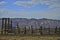 Old western corral and mountain range