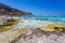 Old wharf and ship in Balos lagoone on Crete. Greece.