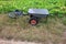 Old wheelbarrow in the garden. Agricultural work concept