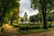 Old white Church and cemetery in autumn colors